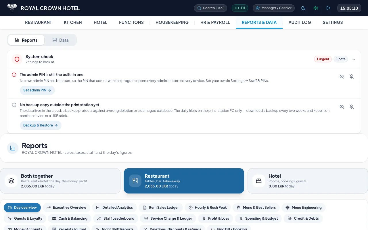 Reports page with the system check of what needs attention and the day overview of restaurant and hotel
