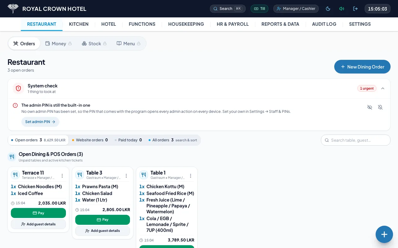 Restaurant page with the open orders of the tables, the system check and the new-order button