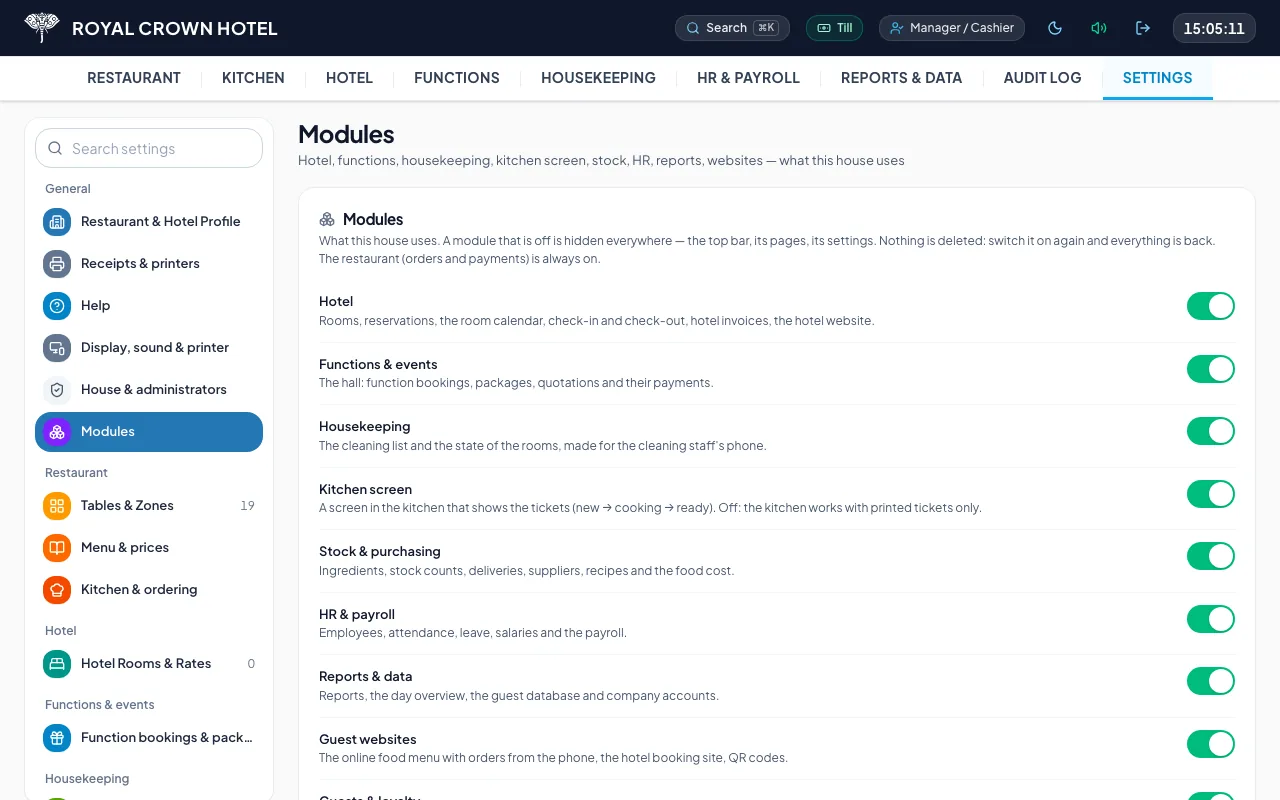 Settings page with one switch per module